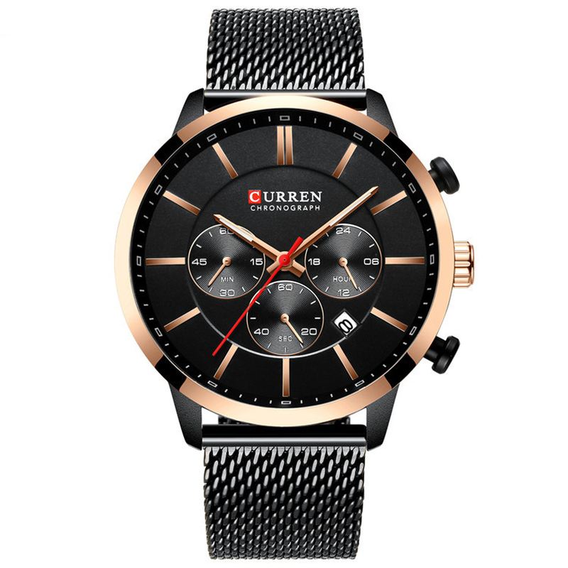 Chronograph Calendar Mænd Armbåndsur Mesh Steel Band Quartz Watch