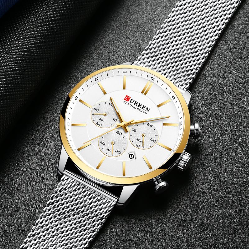 Chronograph Calendar Mænd Armbåndsur Mesh Steel Band Quartz Watch