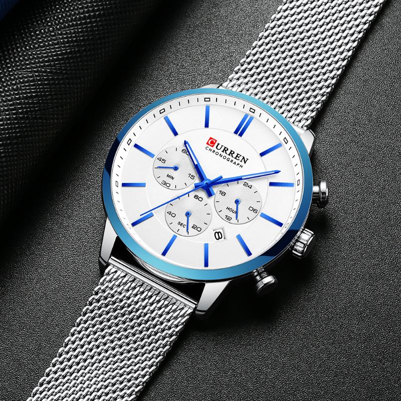 Chronograph Calendar Mænd Armbåndsur Mesh Steel Band Quartz Watch
