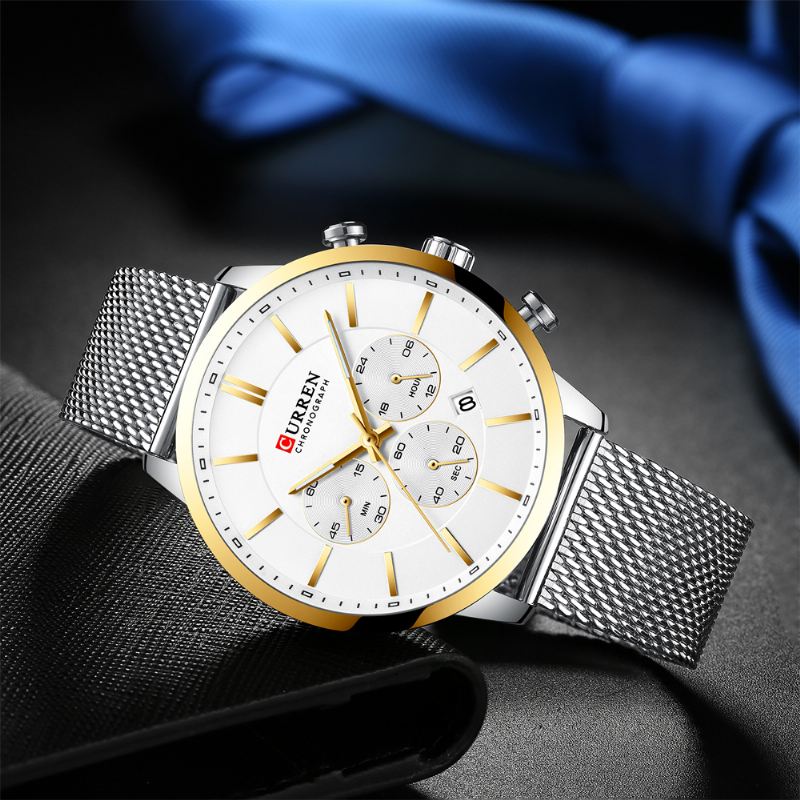 Chronograph Calendar Mænd Armbåndsur Mesh Steel Band Quartz Watch