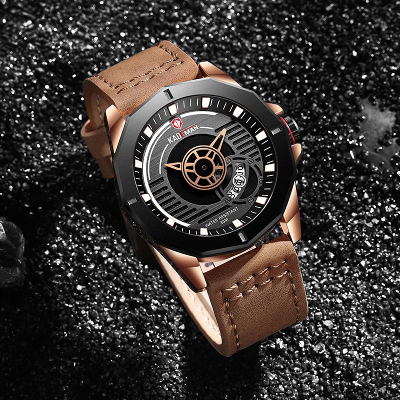 Kalender Læder Band Quartz Watch Vandtæt Casual Style Herreur