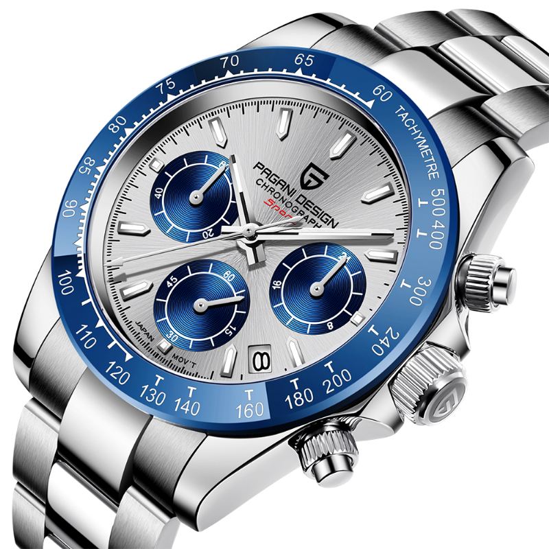 Kalender Mænd Mode Fuld Stålrem Watch Quartz Watch Med Æske