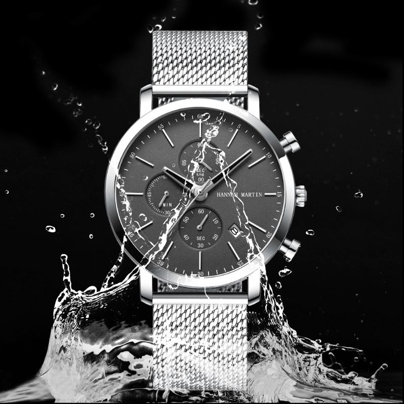 Klassisk Business Herreur Stopur Kalender Display 3atm Vandtæt Rustfrit Stålrem Quartz Watch