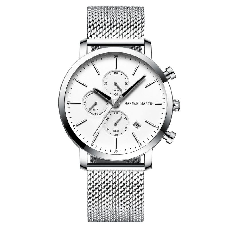 Klassisk Business Herreur Stopur Kalender Display 3atm Vandtæt Rustfrit Stålrem Quartz Watch