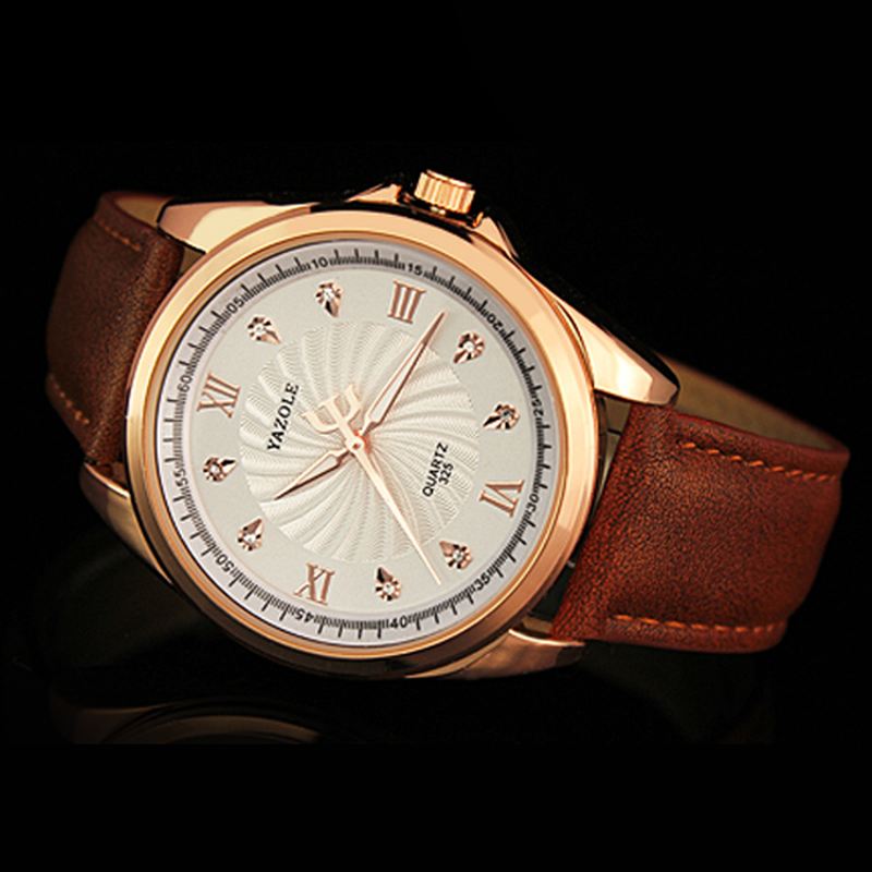Mænd Crystal Rose Gold Sag Læder Band Lysende Display Kvarts Ur
