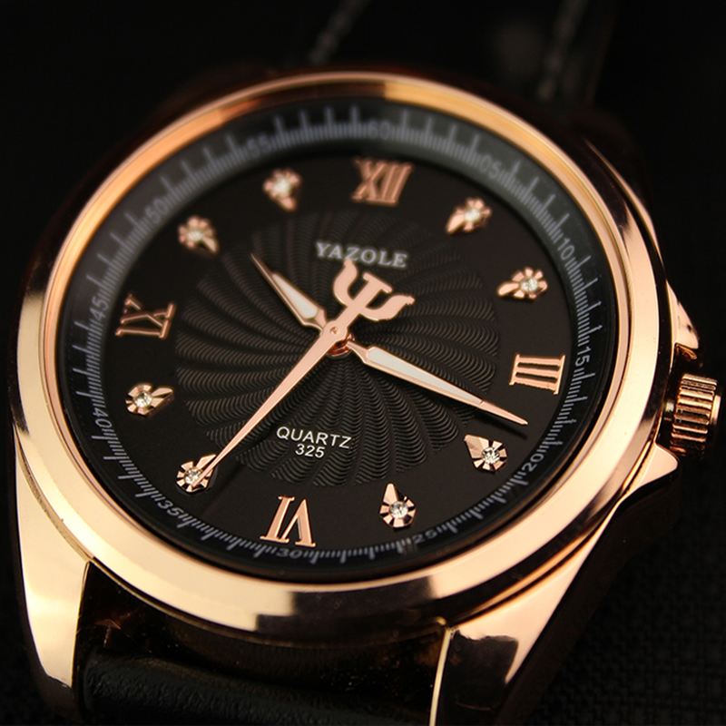 Mænd Crystal Rose Gold Sag Læder Band Lysende Display Kvarts Ur