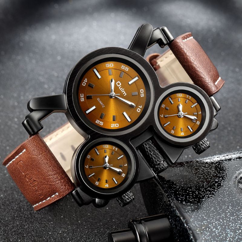 Mode Afslappet Læder Mænd Vintage Watch Dekoreret Multi-time Zone Dial Luminous Pointers Quartz Watch