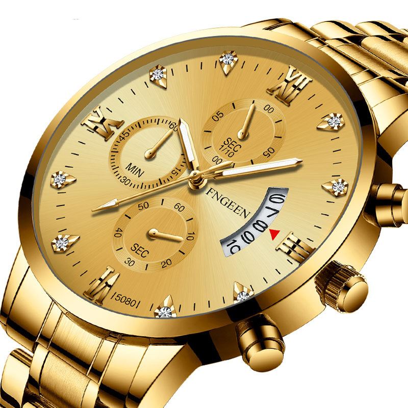 Mode Business Diamond Dial Lysende Pointer Med Kalender Dato Display Stålrem Vandtæt Herre Quartz Watch