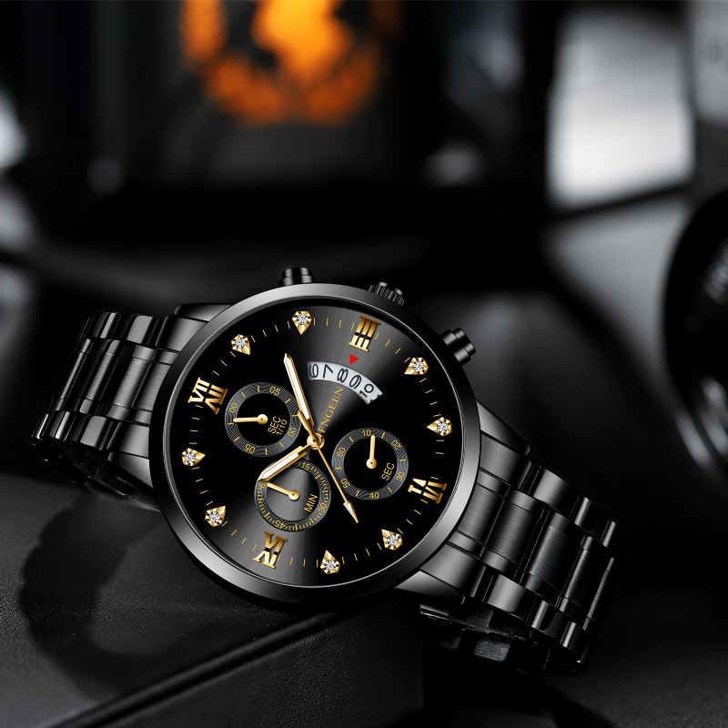 Mode Business Diamond Dial Lysende Pointer Med Kalender Dato Display Stålrem Vandtæt Herre Quartz Watch