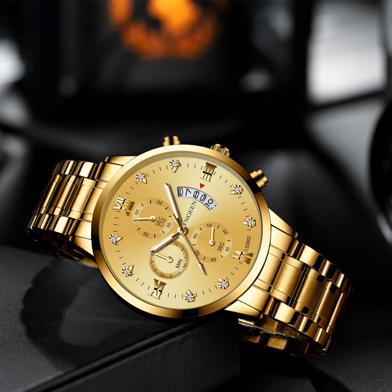 Mode Business Diamond Dial Lysende Pointer Med Kalender Dato Display Stålrem Vandtæt Herre Quartz Watch