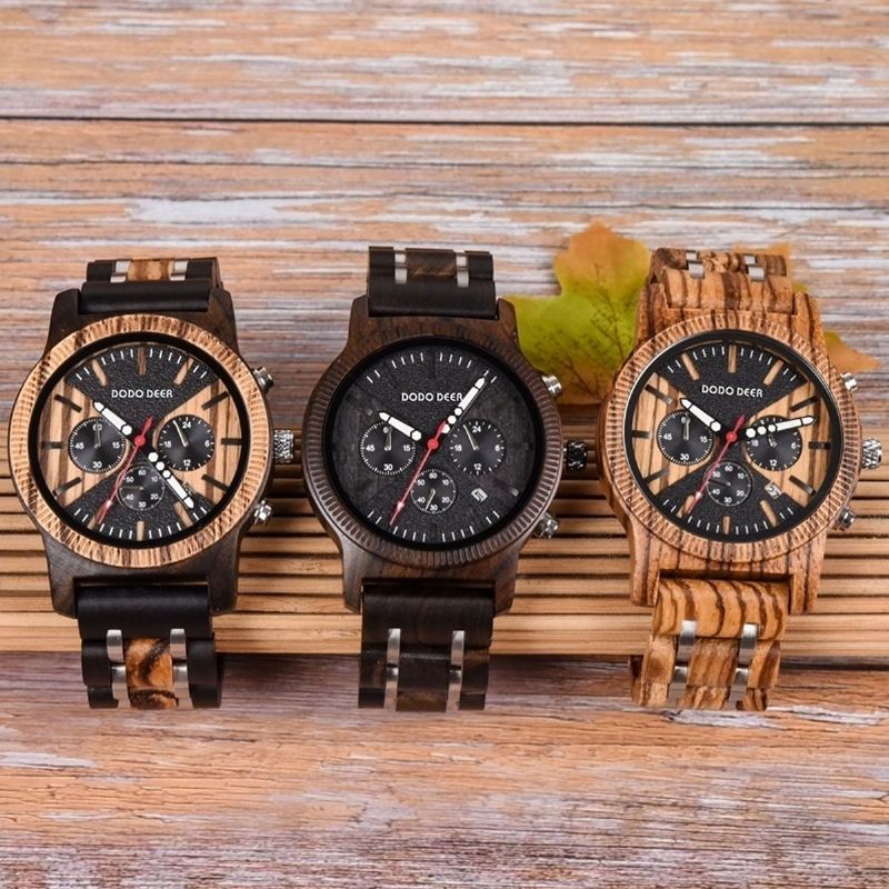 Mode Dato Display Stopur Kalender Træ Mænd Quartz Watch