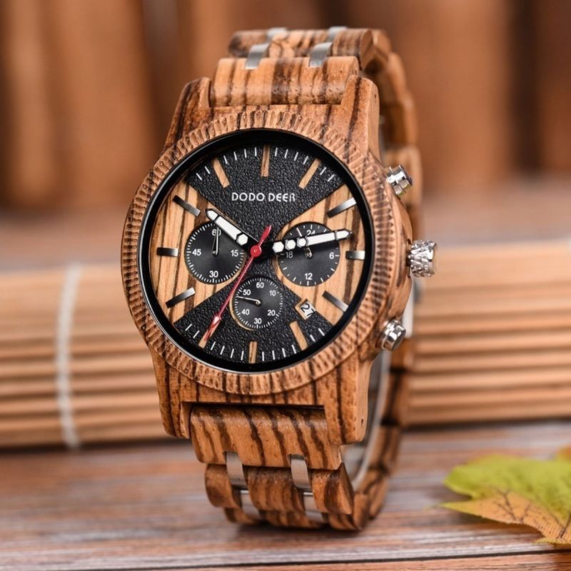 Mode Dato Display Stopur Kalender Træ Mænd Quartz Watch