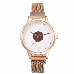 Mode Elegant 3d Blomstermønster Magnetisk Spænde Milanese Mesh Stålrem Dame Armbåndsure Quartz Watch