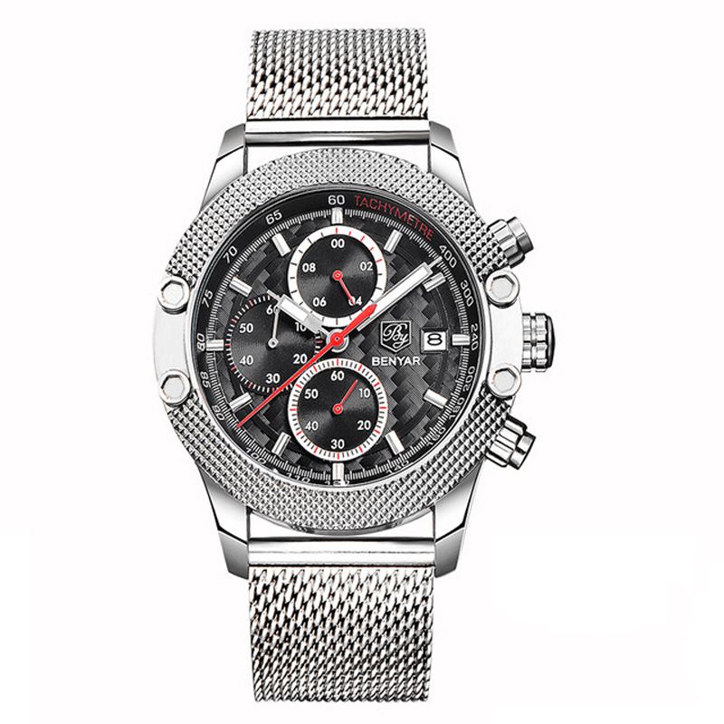 Mode Herreur Chronograph 3atm Vandtæt Rustfrit Stålrem Quartz Watch