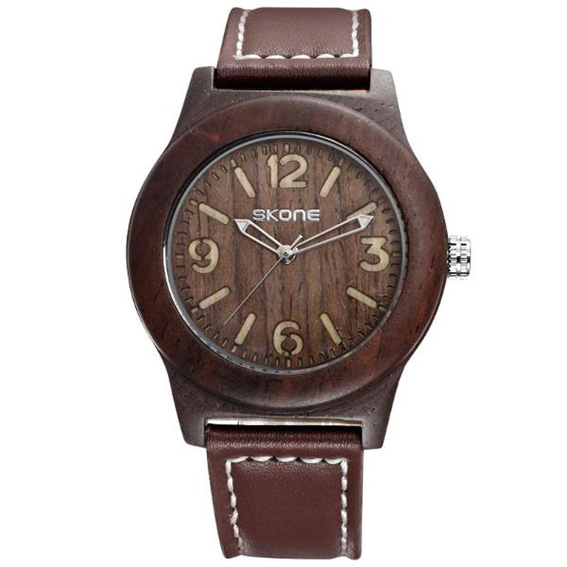 Mode Mænd Quartz Watch Casual Læderrem Træarmbåndsur
