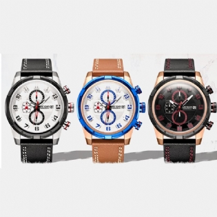 Multifunktions 3d Urskive Display Sport Herre Armbåndsur Ægte Læder Band Quartz Watch