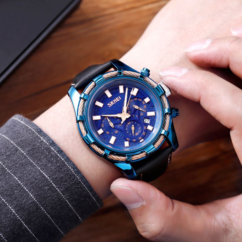 Sports Luksus Læderrem Lysende Vandtæt Herreur Quartz Watch