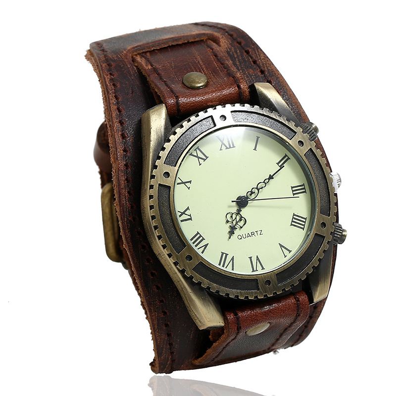Vintage Ko Læder Armbåndsur Justerbar Rem Romertal Herre Kvarts Ur