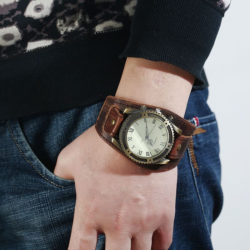 Vintage Ko Læder Armbåndsur Justerbar Rem Romertal Herre Kvarts Ur