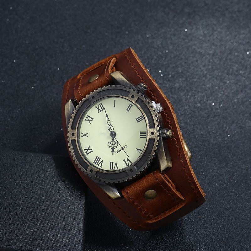 Vintage Ko Læder Armbåndsur Justerbar Rem Romertal Herre Kvarts Ur