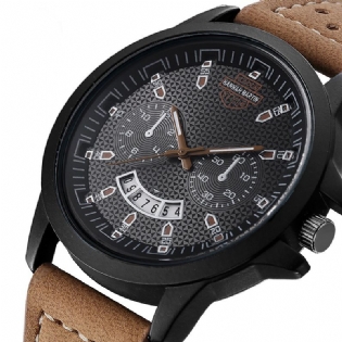Vintage Med Kalender Rund Skive Åndbar Pu Læderbånd Vandtæt Mænd Quartz Watch