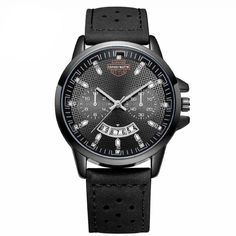 Vintage Med Kalender Rund Skive Åndbar Pu Læderbånd Vandtæt Mænd Quartz Watch