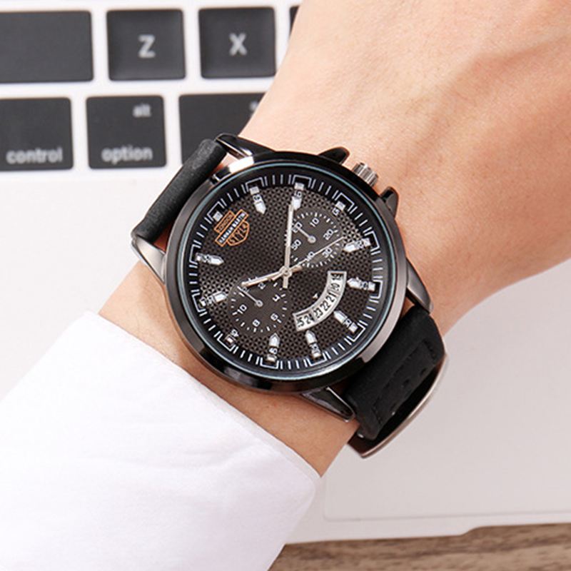 Vintage Med Kalender Rund Skive Åndbar Pu Læderbånd Vandtæt Mænd Quartz Watch