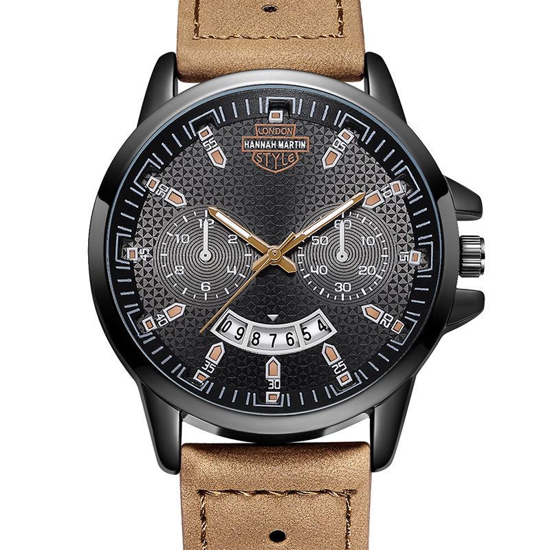 Vintage Med Kalender Rund Skive Åndbar Pu Læderbånd Vandtæt Mænd Quartz Watch
