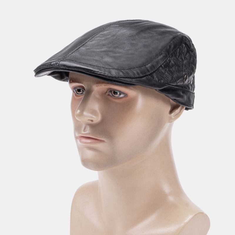 Ægte Læder Fåreskind Til Mænd Holder Varmen Gittermønster Afslappet Universal Fold Solid Fremad Hat Baret Hat