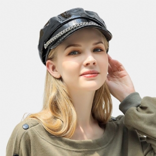 Imiteret Læder Flade Hatte Navy Hat Britisk Stil Kæde Ottekantet Hat Baret