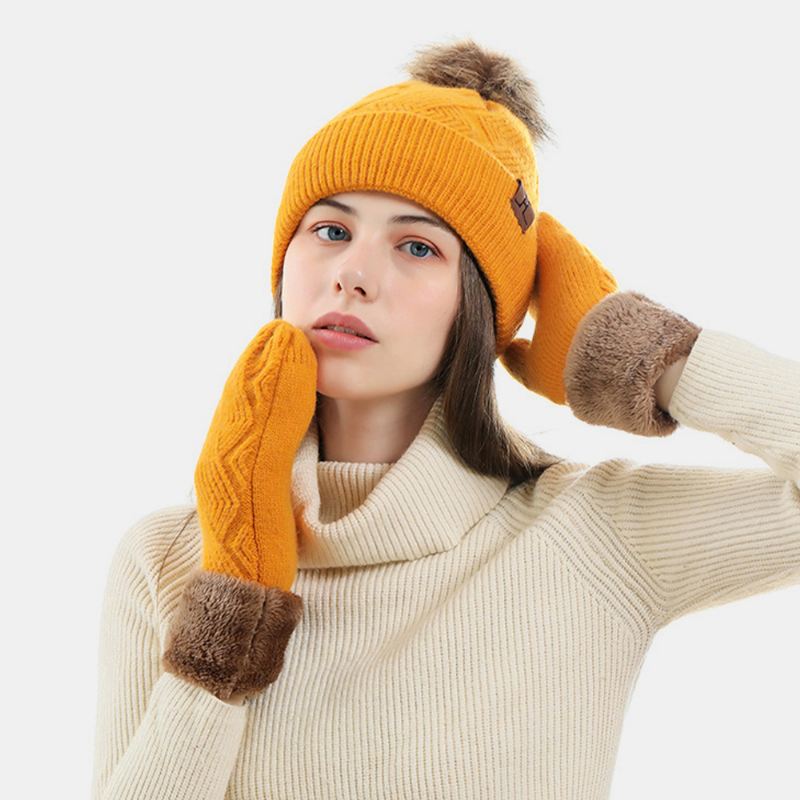 Kvinder 2 Stk Uld Plus Tykke Varm Vinter Udendørs Strikkede Handsker Strikket Hue Med Fluff Ball