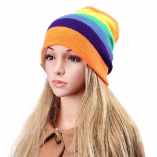 Kvinder Beanies Stribede Regnbuefarver Hue Bomuld Strikkede Huer Blød Beanie Gorro Cap