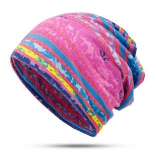Kvinder Bomuld Øreværn Regnbue Stripe Beanie Hat Tørklæde