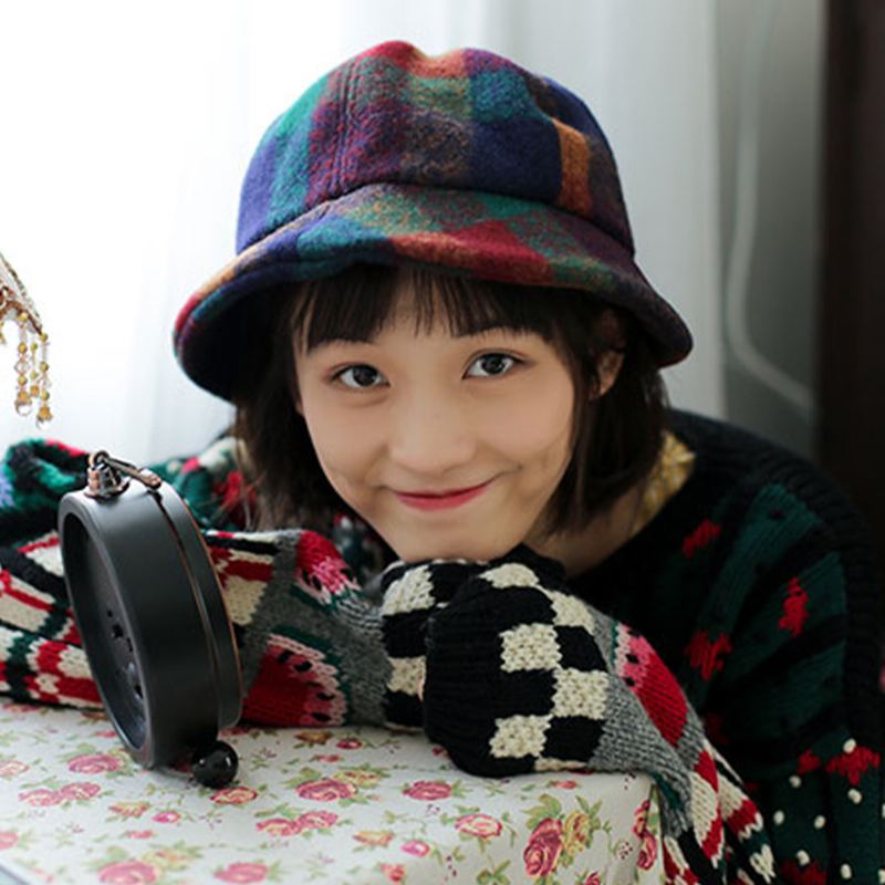 Kvinder Bomuld Patchwock Plaids Mønster Vintage Casual Warm Bucket Hat