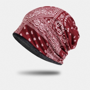 Kvinder Bomuld Plus Fløjl Dobbeltbrug Vintage Cashewblomster Med Tryk Vindtæt Varme Hagesmæk Tørklæde Beanie Hat Baotou Hat
