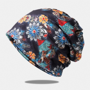 Kvinder Dobbeltbrug Åndbar Baotou Hat Bomuld Overlay Farvet Blomstertrykt Casual Elastisk Tørklæde Beanie Hat