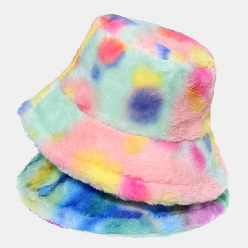 Kvinder Farvet Tie-dye Fluffy Thicken Vinter Varm Bucket Hat Faux Kaninpels Udendørs Casual Vindtæt Cool-protection Hat
