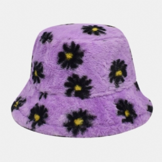 Kvinder Lammehår Blødt Varmt Plus Tykker Afslappet All-match Sødt Blomstermønster Bucket Hat