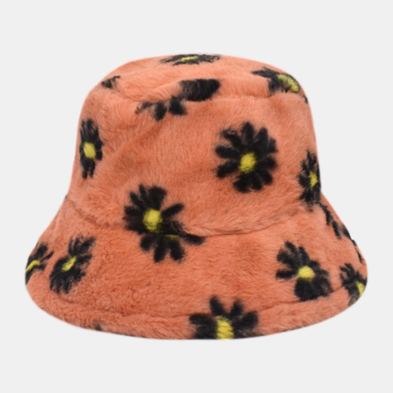 Kvinder Lammehår Blødt Varmt Plus Tykker Afslappet All-match Sødt Blomstermønster Bucket Hat