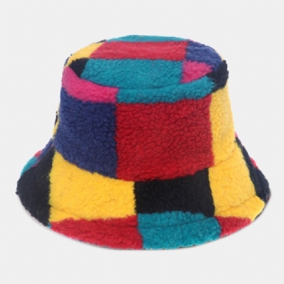 Kvinder Lammepels Farve Syning Gitter Spand Hat Vinter Tykke Varm Vindtæt Fluffy Fisherman Caps