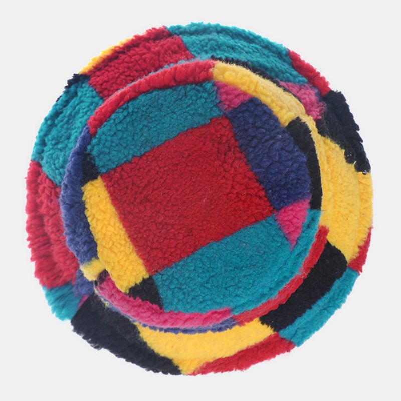Kvinder Lammepels Farve Syning Gitter Spand Hat Vinter Tykke Varm Vindtæt Fluffy Fisherman Caps