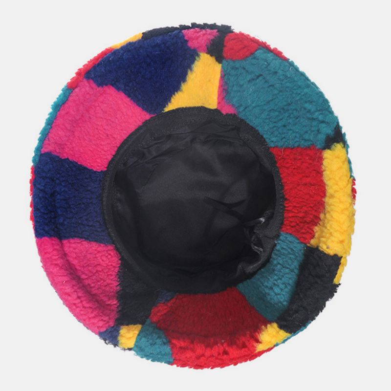 Kvinder Lammepels Farve Syning Gitter Spand Hat Vinter Tykke Varm Vindtæt Fluffy Fisherman Caps