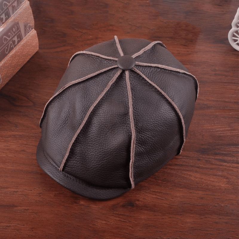 Mænd Ægte Læder Casual Hold Varmen Artist Style Newsboy Hat Baret Hat