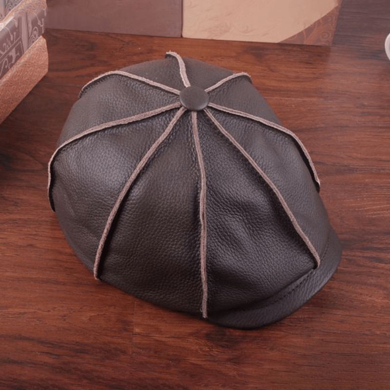 Mænd Ægte Læder Casual Hold Varmen Artist Style Newsboy Hat Baret Hat