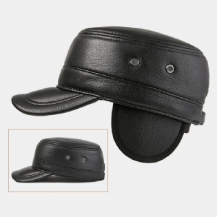 Mænd Ægte Læder Høreværn Holder Varmen Udendørs Vinter Solid Retro Militær Hat Flad Hat Peaked Hat