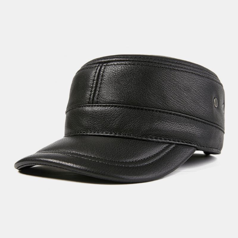 Mænd Ægte Læder Høreværn Holder Varmen Udendørs Vinter Solid Retro Militær Hat Flad Hat Peaked Hat