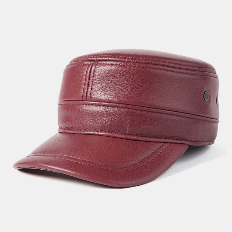 Mænd Ægte Læder Høreværn Holder Varmen Udendørs Vinter Solid Retro Militær Hat Flad Hat Peaked Hat