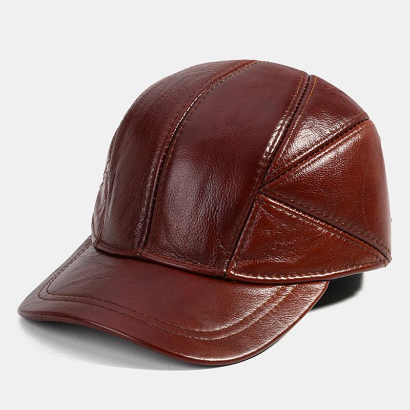 Mænd Ægte Læder Justerbar Rund Top Ørebeskyttelse Stor Skygge Hold Varmen Baseballhat