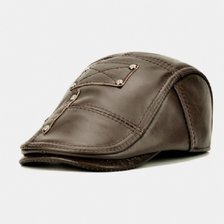 Mænd Ægte Læder Nittedekoration Plus Fløjl Holder Varmen Ørebeskyttet Casual Baret Hat