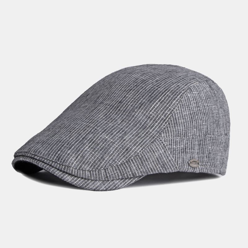 Mænd Bomuld Linned Nålestribe Baret Cap Britisk Retro Metal Label Justerbar Casual Flat Cap